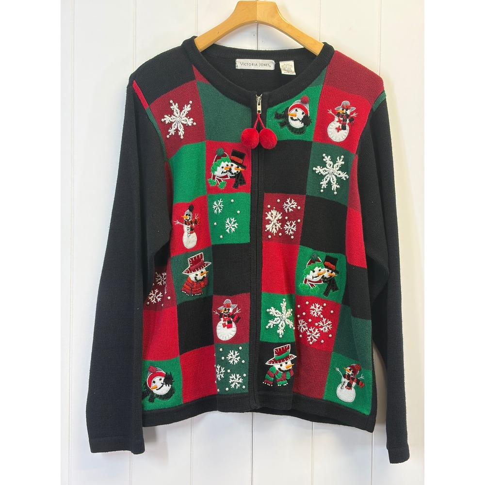 Victoria Jones Grannycore Embroidered Cardigan Sweater Women Size XL Snowman